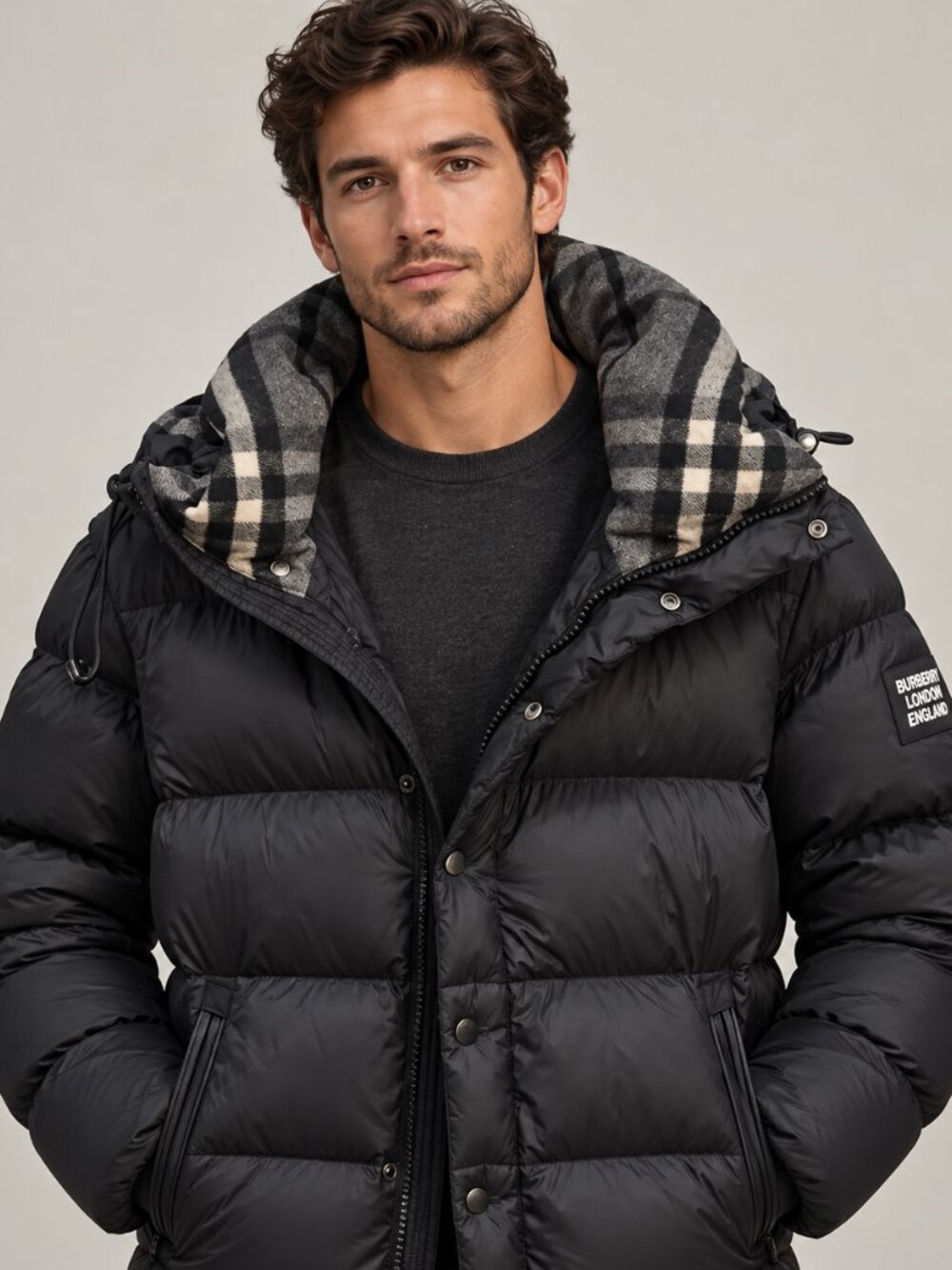 Authentic Burberry Black Puffer Jacket with Check-Trim Hood